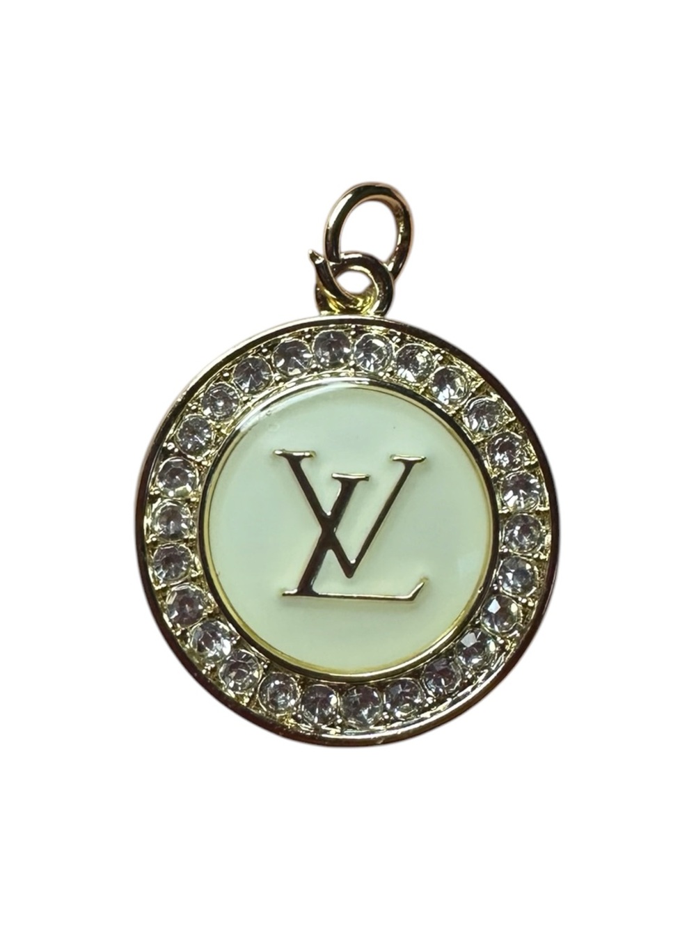 Louis Vuitton Round Cream and Gold Logo Zipper Pull Charm with Clear Stones
